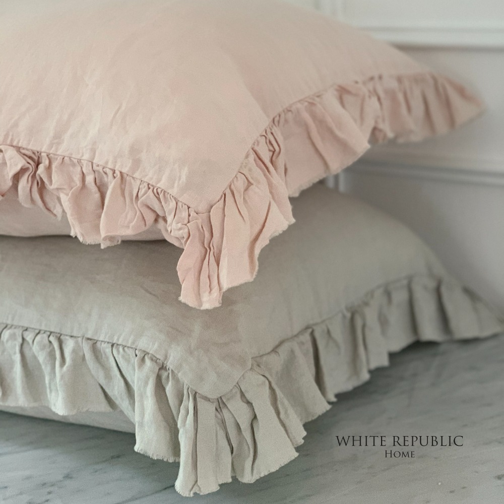 Ultra Microfiber Pillow +French Linen Ruffle Edge Pillowcase (Light Pink/Smoke Grey)