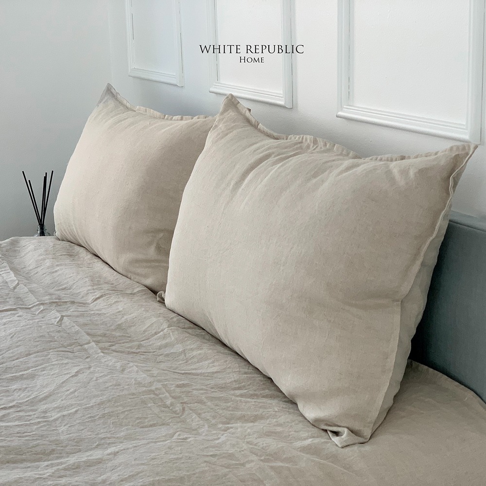 New French Linen Oxford Pillowcase  ( Nature / Grey Stripe )